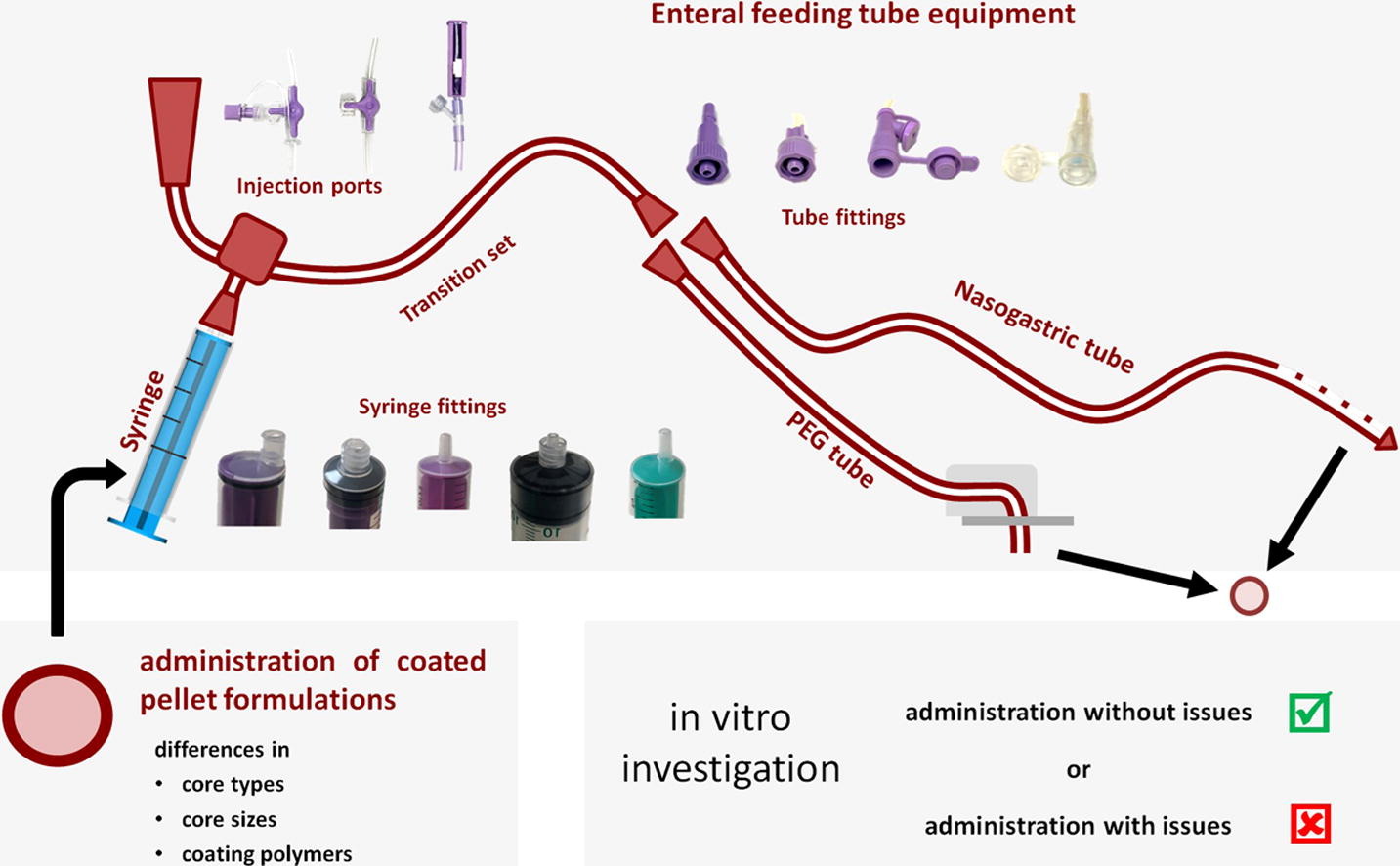 graphical abstract of A systematic approach for assessing the suitability of enteral feeding tubes for the administration of controlled-release pellet formulations
