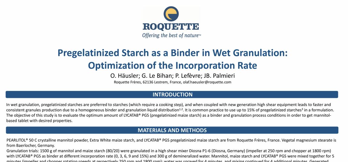 Pregelatinized Starch as a Binder in Wet Granulation: Optimization of the Incorporation Rate