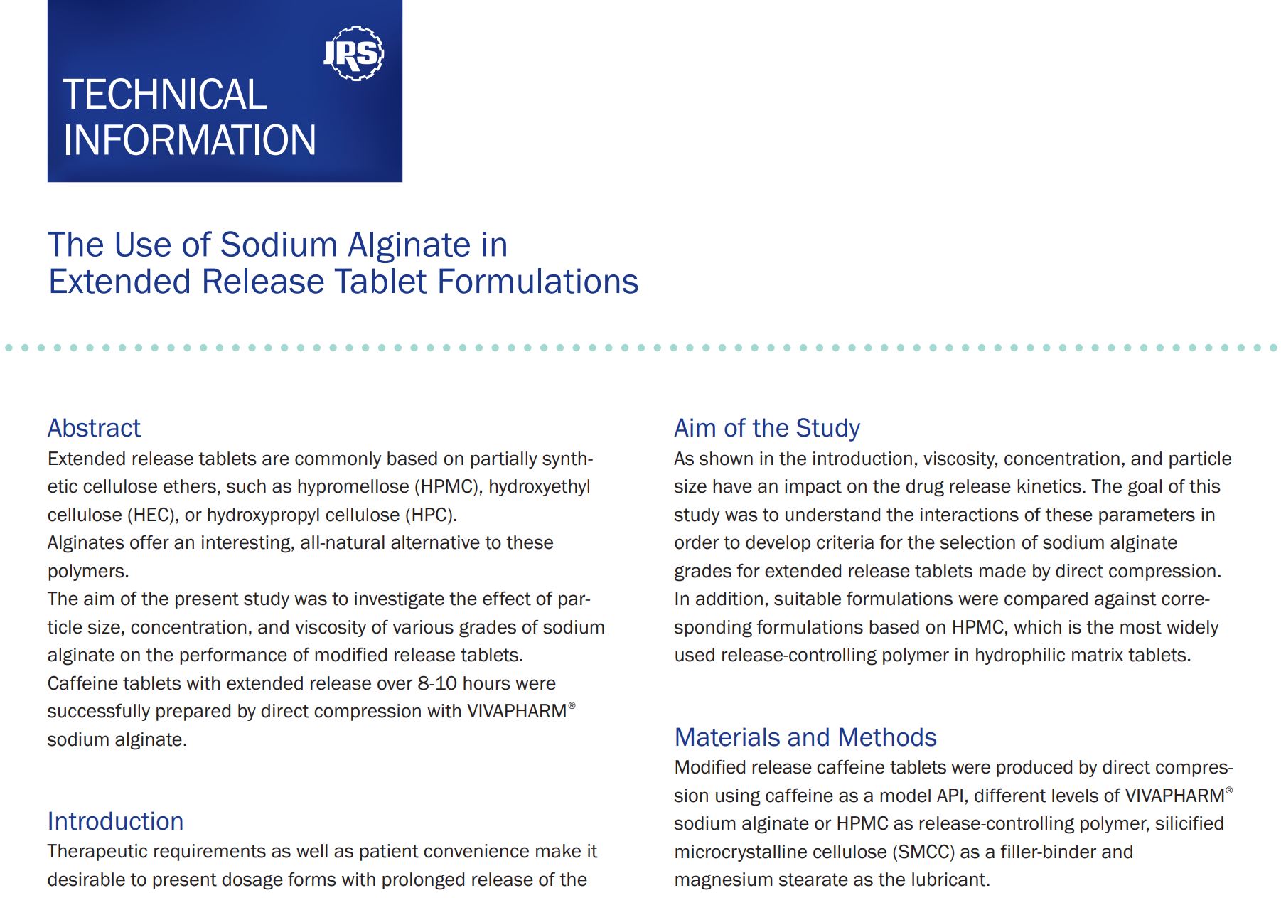 The Use of Sodium Alginate in Extended Release Tablet Formulations