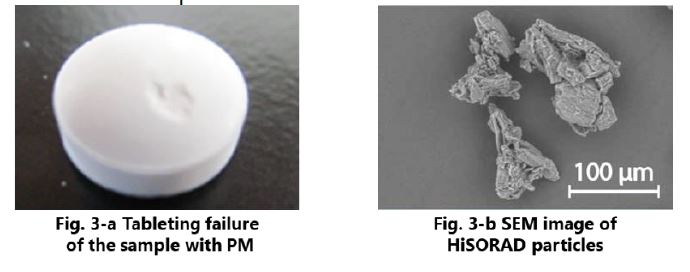 Two images with tabletting failure and an SEM image of HiSORAD particles
