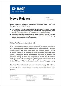 BASF Pharma Solutions excipient accepted into FDA Pilot Program for novel excipients - Press Release