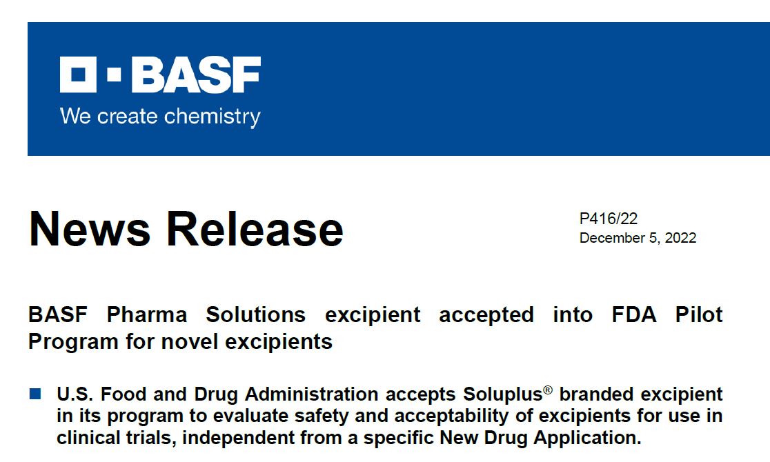 BASF Pharma Solutions excipient accepted into FDA Pilot Program for novel excipients