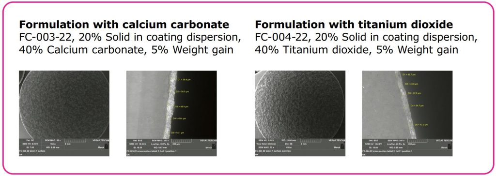 Figure 2_Individual SEM images of tablet surfaces (left) and cut tablet cores (right).
