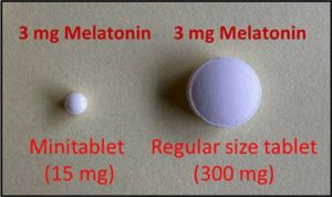 Figure 1. Comparison of mini tablet (15 mg weight) and regular size tablet (300 mg weight) at the same dose strength of 3 mg of melatonin.