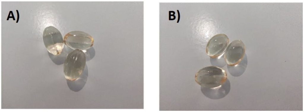 Figure 1. Soft capsules plasticized with A) glycerin and B) POLYSORB® 2.0.