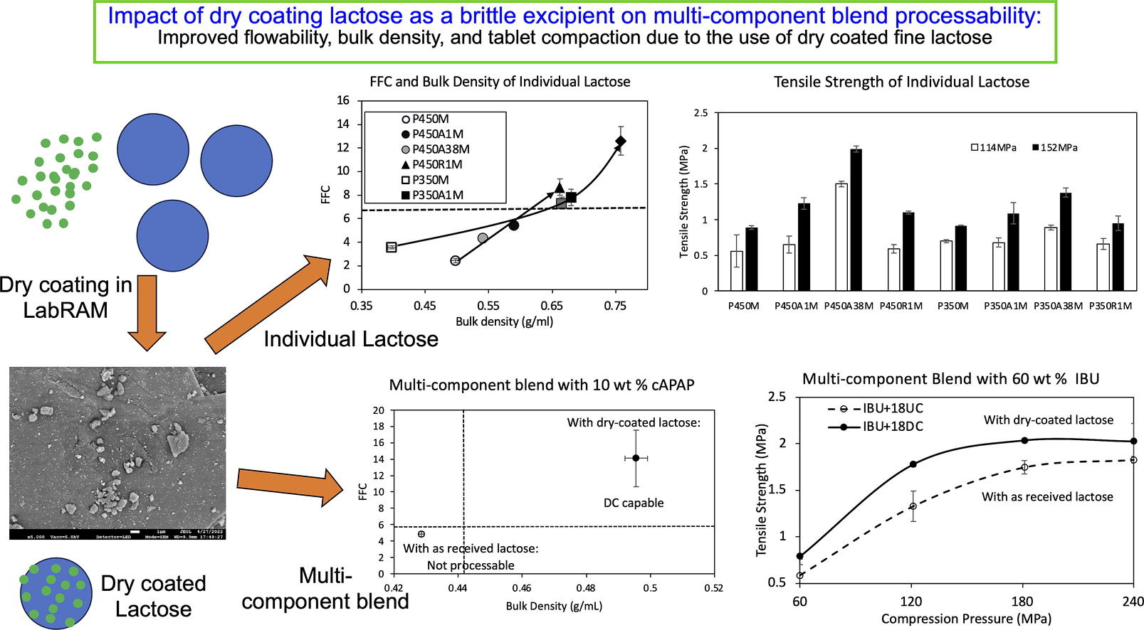 Impact of dry coating lactose as a brittle excipient on multi-component blend processability