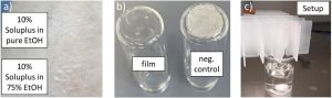 Fig. 2: a) Placebo films of 10% Soluplus® on skin; b) BDP containing Soluplus®-film and BDP layer after ethanolevaporation; c) Setup of the release experiment.
