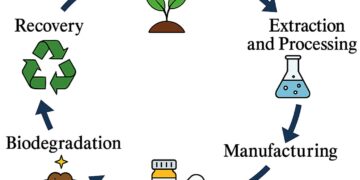 Figure 1. Circular pharmaceutics life cycle: renewable feedstocks → extraction and processing → manufacturing → drug delivery systems → biodegradation → recovery.